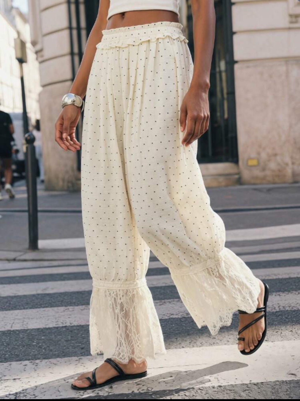Just Arrived Cream Polka Dot Lace-Hem Wide Leg Pants
